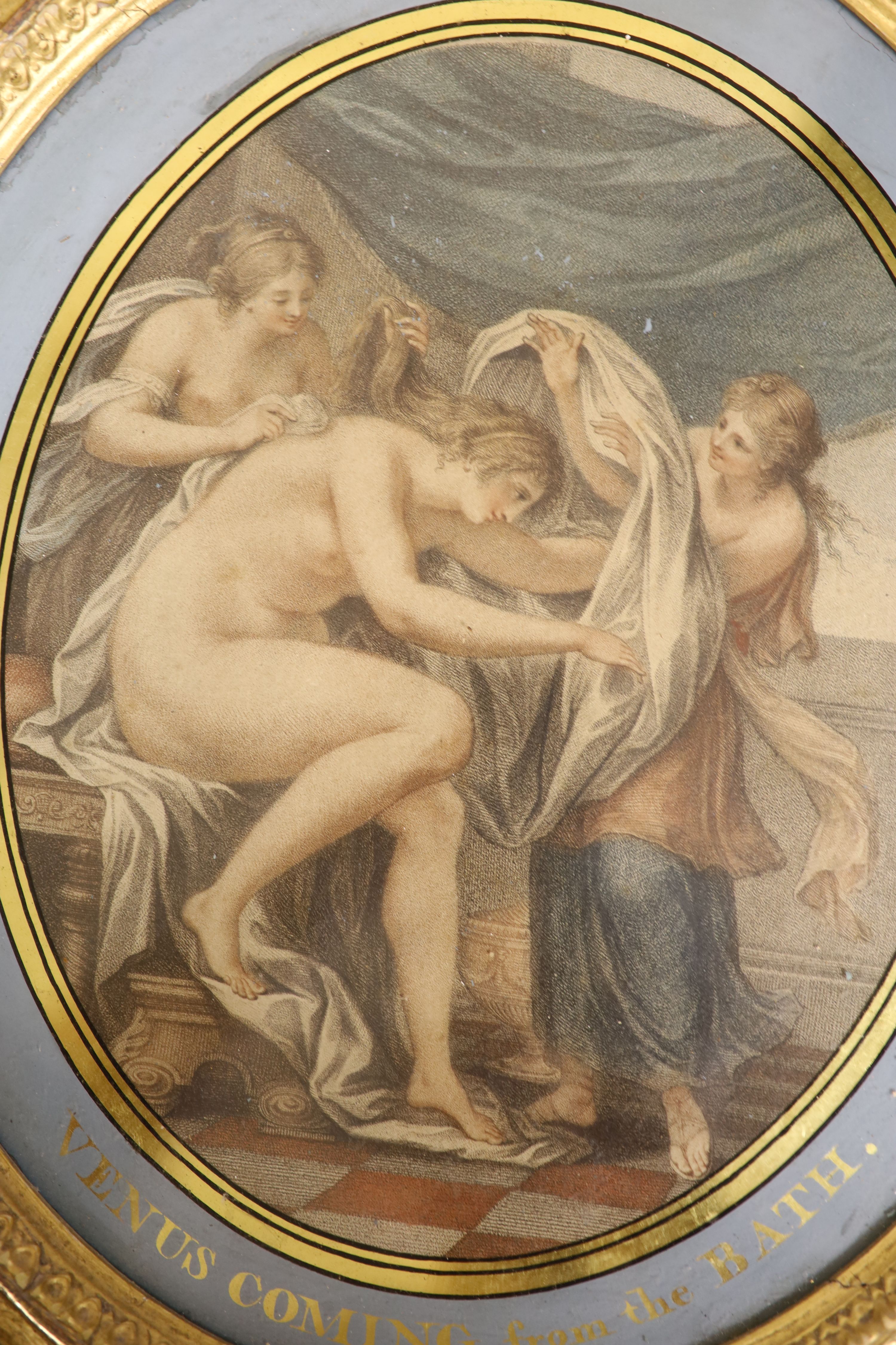 After Cipriani, pair of eglomise framed engravings, Venus and her Bath, another oval framed engraving and two pairs of rectangular engravings